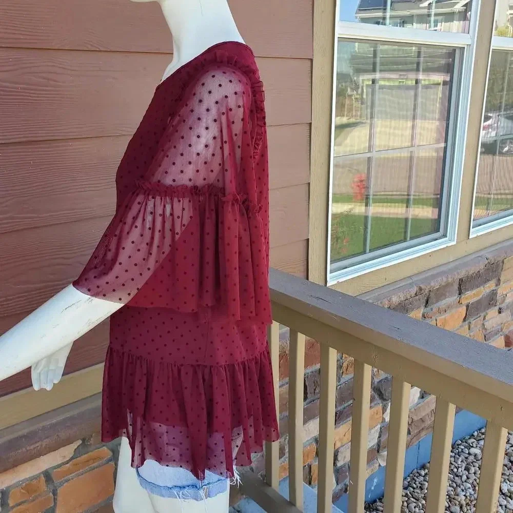 Pleione Sheer Short Sleeve Swiss Dot Blouse - Red - Women's Size Small NWOT